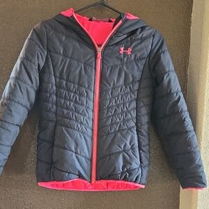 Under Armour Girls’ Puffer Jacket – Black & Hot Pink – Size Youth Med